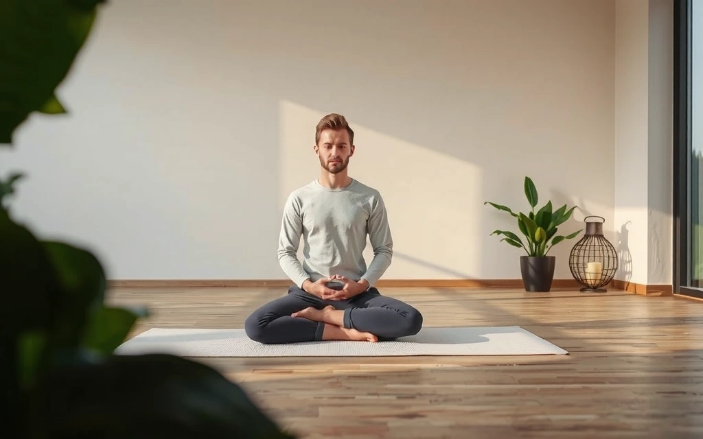 Persona meditando en un entorno tranquilo y natural, con luz suave.