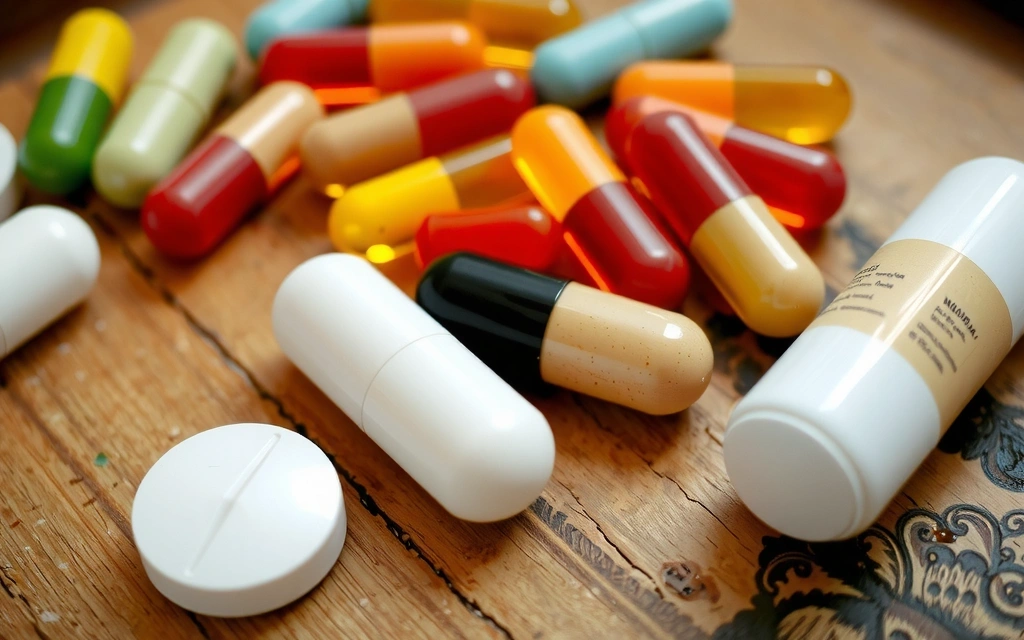 Primer plano de diversas cápsulas de vitaminas y suplementos sobre una mesa de madera.