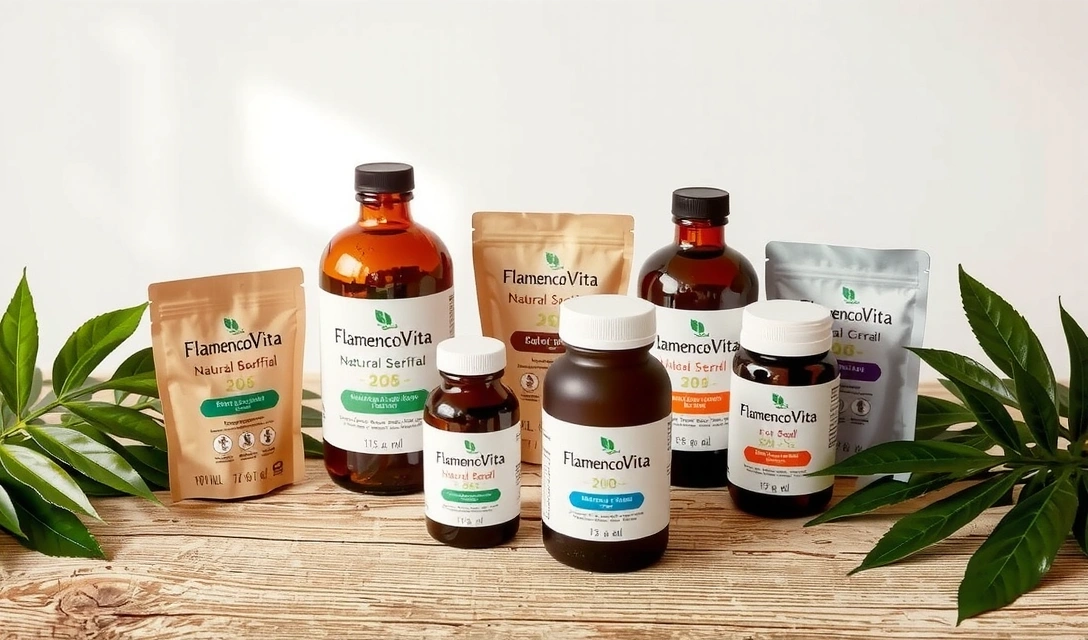 Variedad de productos naturales Flamencovitacv en un entorno sereno con hojas verdes