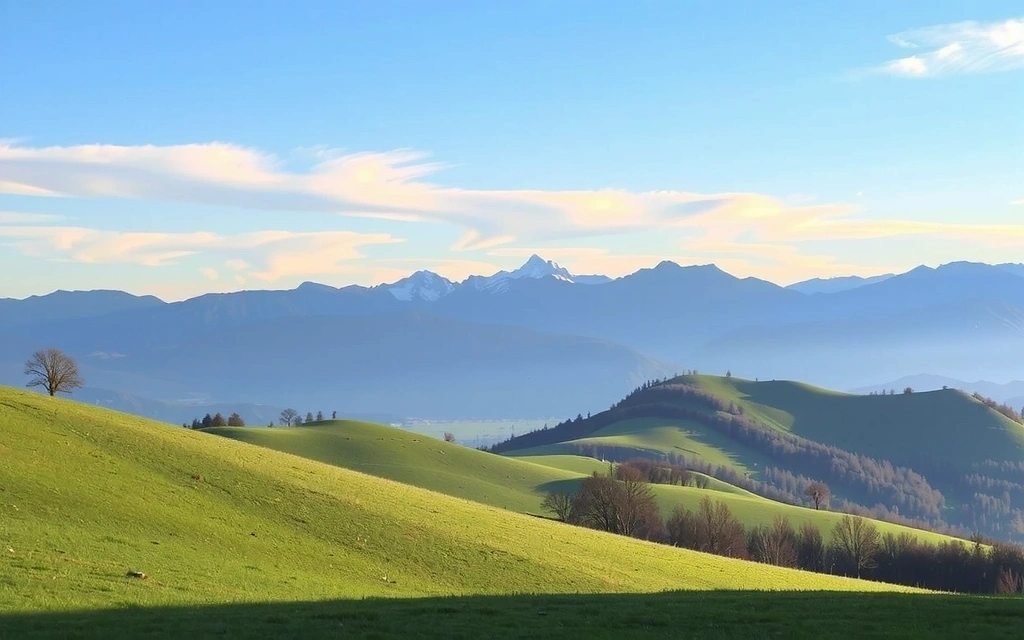 Paisaje idílico de campos verdes y montañas, con el sol brillando, reflejando la filosofía de armonía natural.