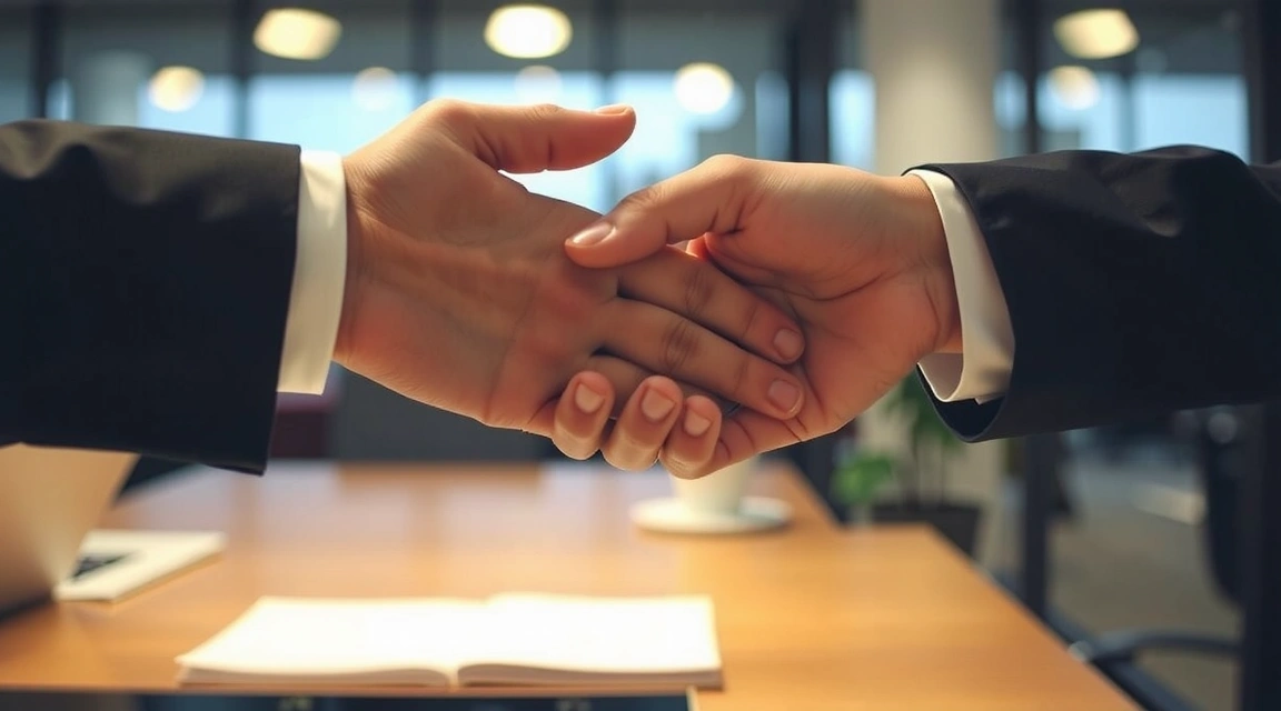 Un apretón de manos entre dos personas, simbolizando confianza y acuerdo, con un fondo suave y profesional.